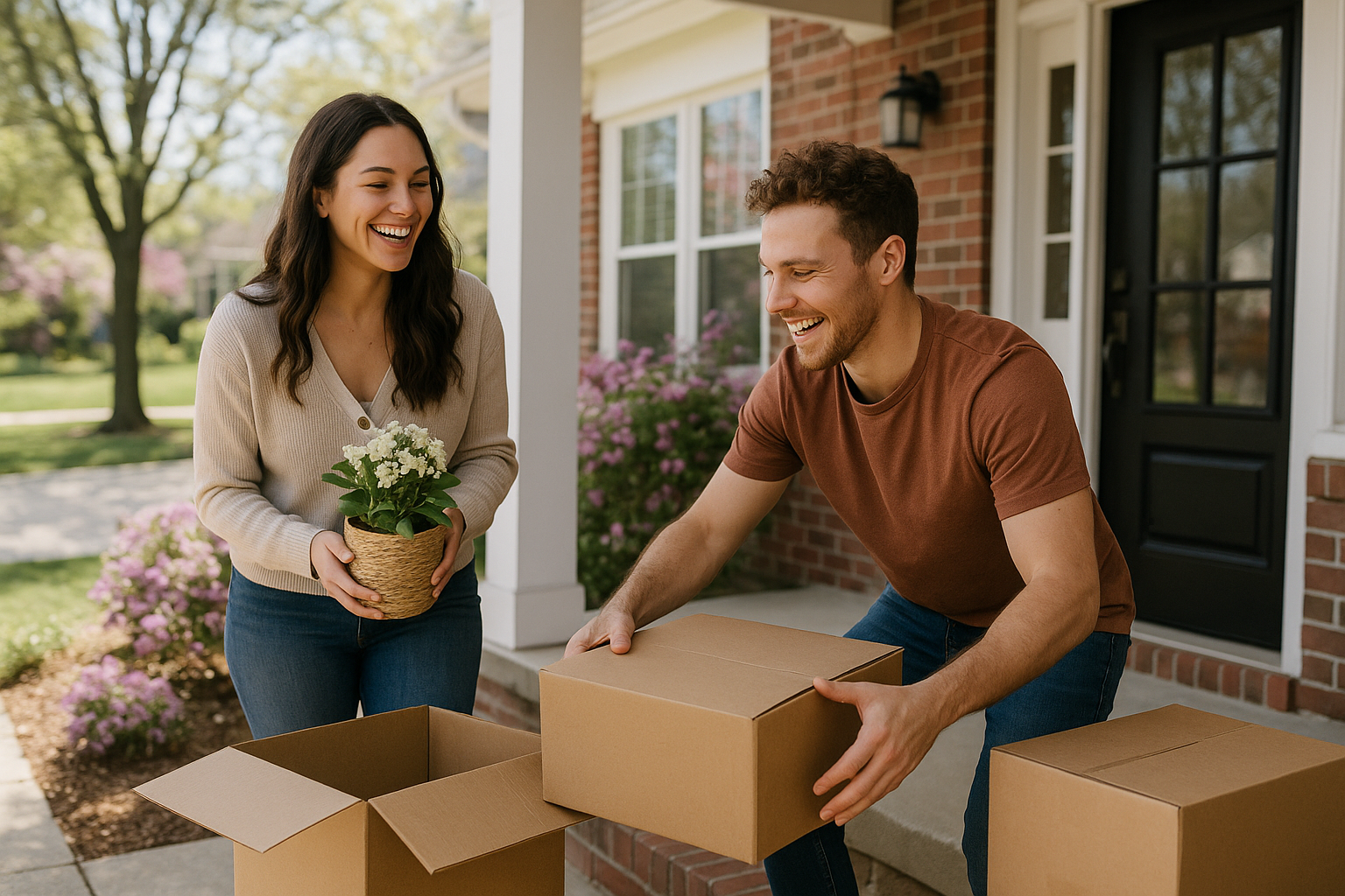 A friendly mortgage loan officer discussing home financing options with a couple at a desk.