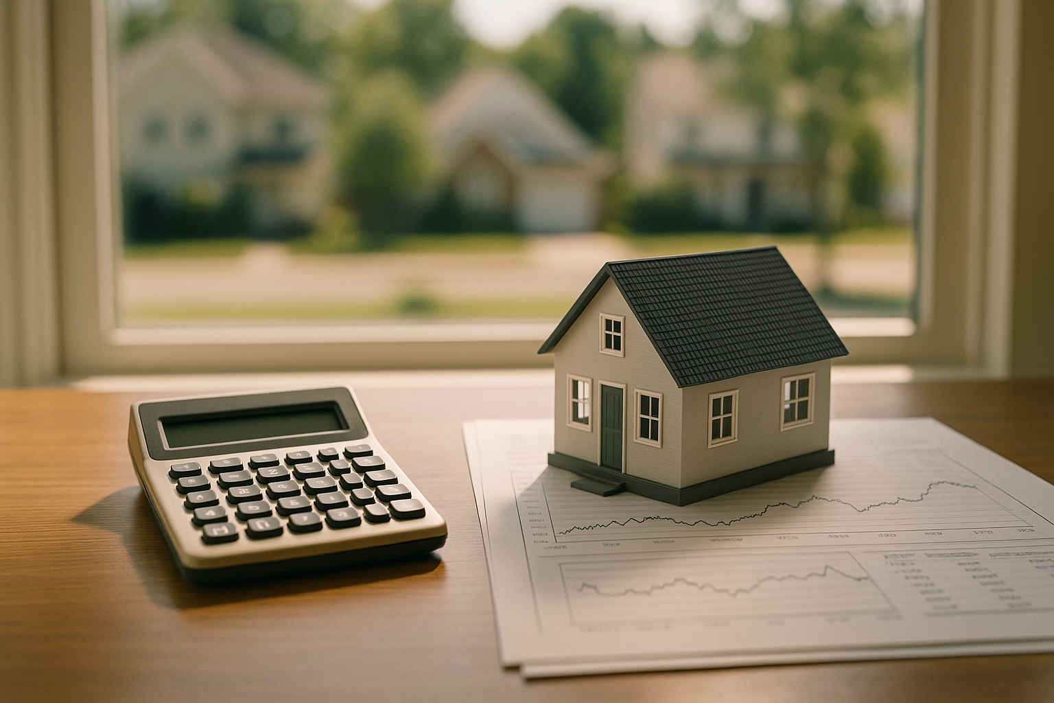A close-up of a person reviewing mortgage options with a calculator and financial documents.