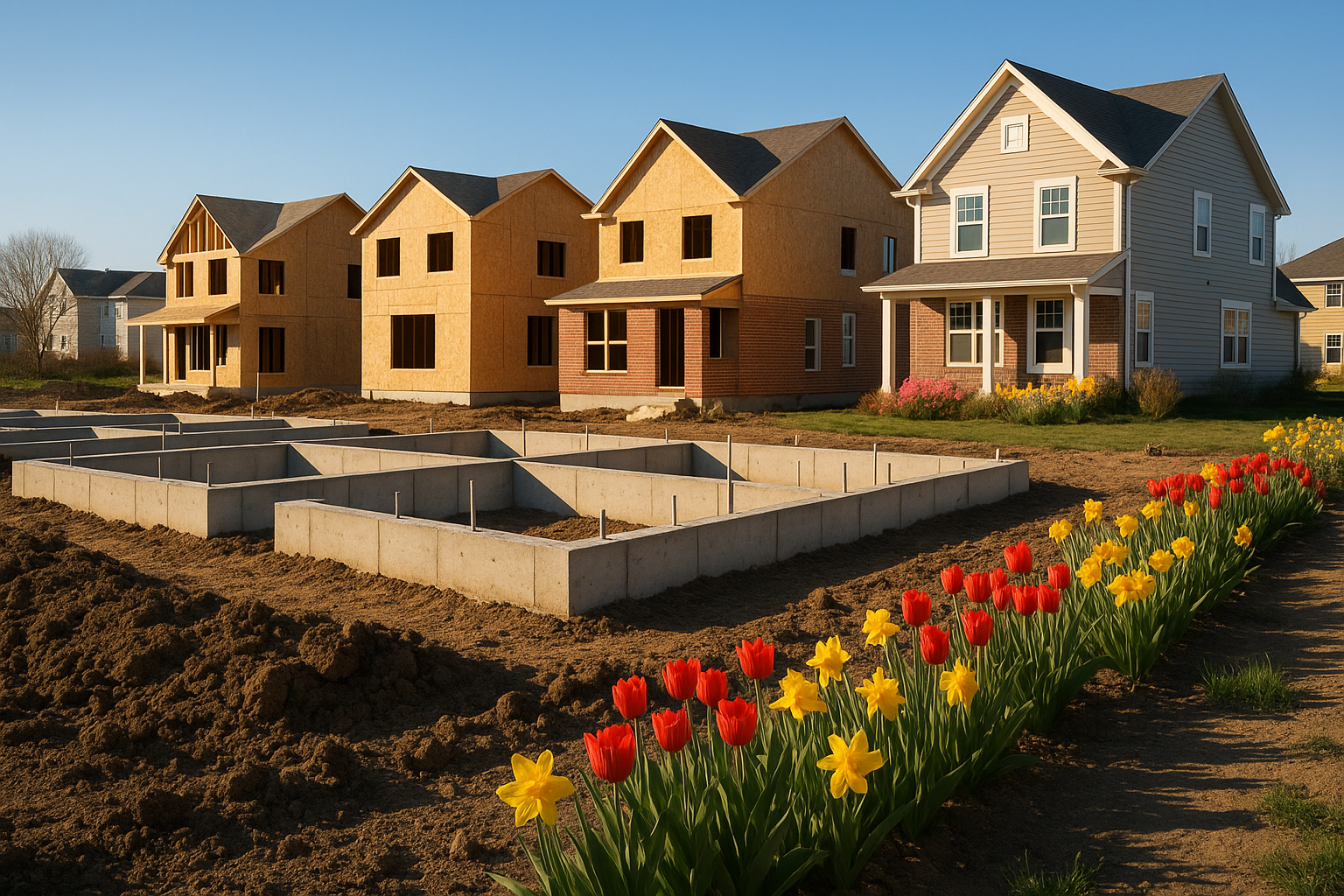 A builder inspecting a new home construction site with a concerned expression.