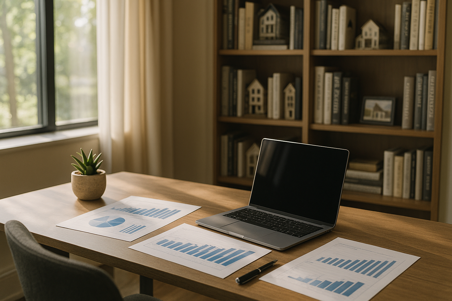 A friendly mortgage loan officer discussing mortgage options with a couple in a cozy office.